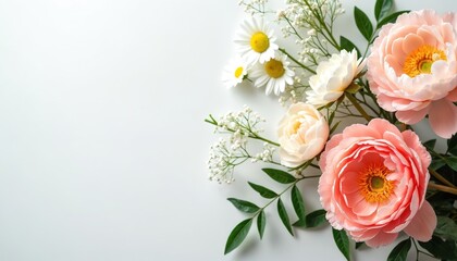 Photo featuring floral arrangement with peonies daisies and green plants. Soft pastel flower petals create elegant design. Image suitable for bridal shower celebration or wedding.