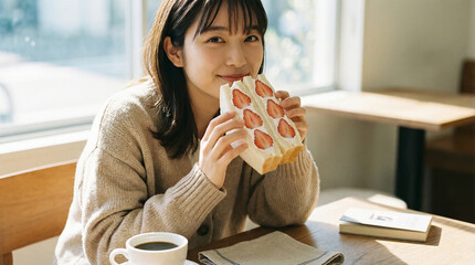 Young Woman Enjoying Strawberry Cream Sandwich