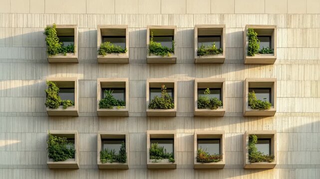 Modern building facade with greenery in modular window boxes showcasing urban gardening
