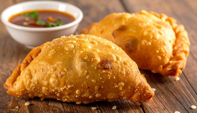 Delicious Curry Puffs with Dipping Sauce on Wooden Surface.