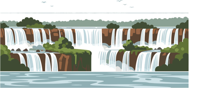 Flat vector illustration of a wide multi-tiered waterfall in a lush jungle.
