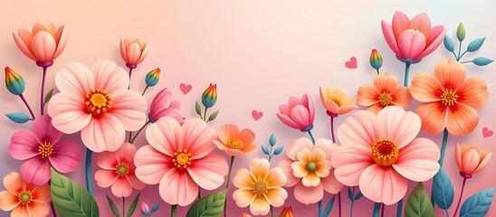 Obraz premium Vibrant Floral Background with Delicate Pink Flowers and Leaves, Perfect for Spring and Seasonal Themes in Inviting and Cheerful Designs
