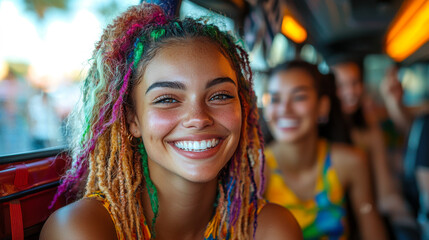 Young woman with colorful hair enjoys a joyful moment with friends on a vibrant bus during a summer outing