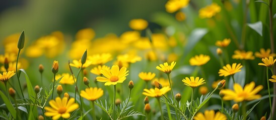 Obraz premium Vibrant Yellow Wildflowers in a Lush Green Meadow Capturing the Essence of Nature's Beauty in a Tranquil Outdoor Setting
