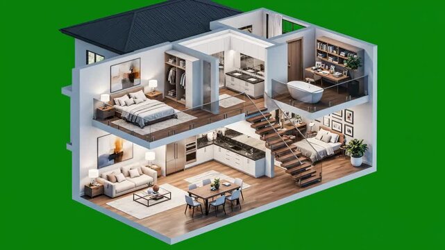 Cutaway 3D illustration of a modern house interior with multiple rooms and furniture on a green background, showcasing business and residential spaces.