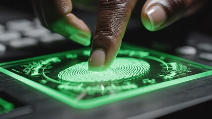 Macro shot of biometric fingerprint scanner verifying identity on futuristic digital interface with green light - Powered by Adobe