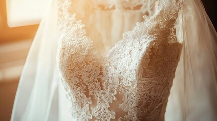 A white wedding dress with intricate lace detailing.