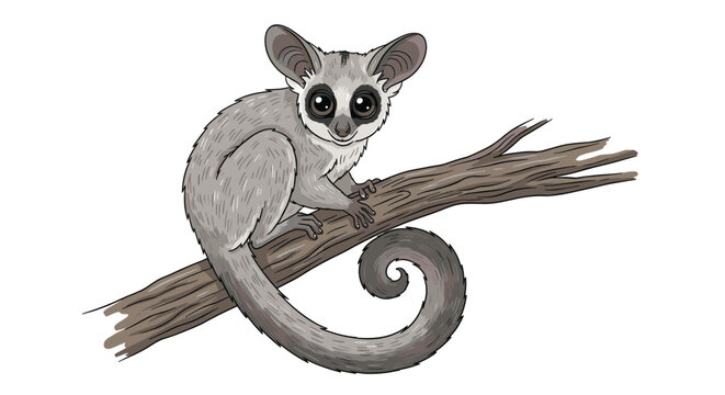 A cute cartoon lesser bushbaby, or galago, with large eyes and a long curly tail is sitting on a tree branch on white.