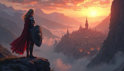 Female warrior with shield and armor stands on cliff overlooking fantasy city. Mountains and sunset in background. Woman gazes at sky. Warrior woman observes city. Armor clad woman watches sun set.