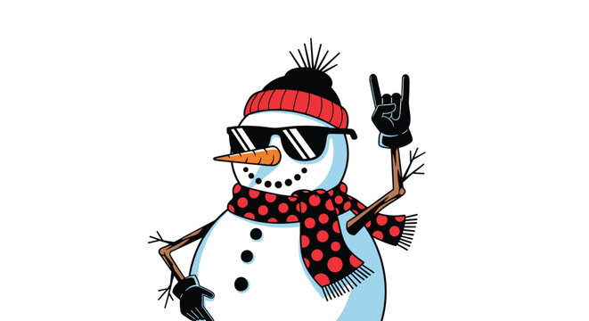 A cool snowman wearing sunglasses, a winter hat, and a scarf is making a rock and roll hand gesture on a white background.