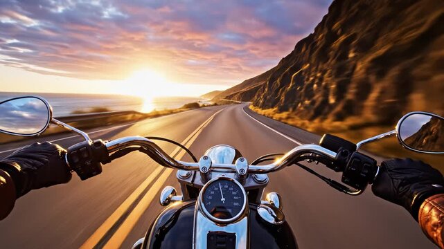 Motorcycle ride on coastal road at sunset