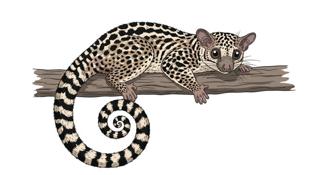 A spotted genet with a long, striped, curly tail is lying on a tree branch, illustrated in a detailed cartoon style.