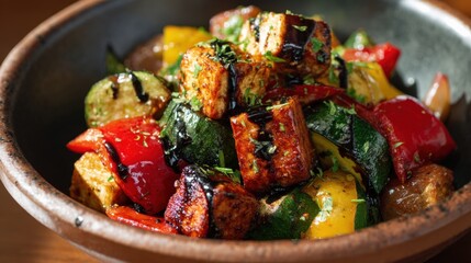 Grilled vegetable medley with tofu in a stone bowl.