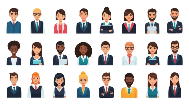 A diverse collection of professional business people depicted in a grid layout, showcasing various ethnicities and genders.