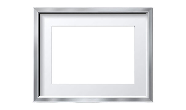 Silver picture frame with white mat on isolated transparent background for photo display