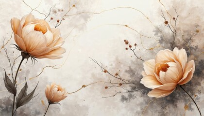 Abstract floral design art. Pastel color flower petals with gold lines and details on watercolor painted background. Decorative illustration for wedding cards or posters.