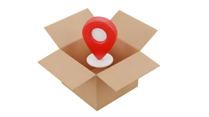 Red Location Pin in Open Cardboard Box.