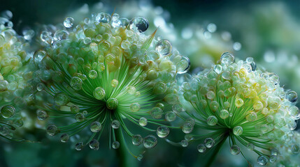 Dewy flowers in rainy day.