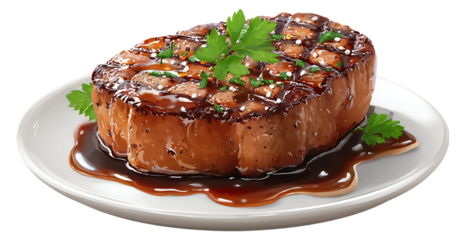 A delicious beef steak with sauce and herbs on a white plate isolated on transparent background