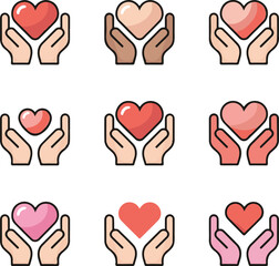 Obraz premium Minimalist Vector Icons of Hands Holding Heart Symbols, Charity and Healthcare Concepts