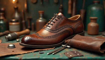 Close-up photo of leather brogue shoe on a cobbler workbench. Tools of trade surround the shoe hammer, awl leather pieces. Artisan craftsmanship showcased in studio.