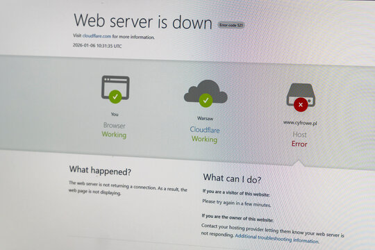 Rzeszow, Poland - Jan 6, 2026: A web server error screen displays the message Web server is down with highlighted connection statuses. Visual depiction of technical difficulties.