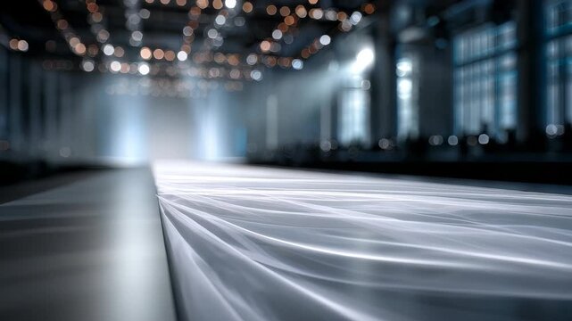 Modern fashion runway with dramatic lighting and blurred background, capturing the anticipation before a high profile fashion show. Elegant atmosphere and futuristic design elements dominate