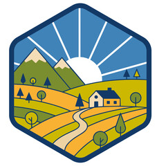 Rural Landscape with Farmhouse and Mountains