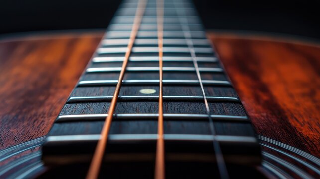 A close-up of a guitar neck with the strings visible.