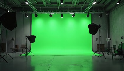 Pro photo studio with green screen backdrop. Interior design features lighting equipment. Blank space for video content, film, media productions. Empty room with chroma key for compositing, visual