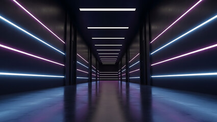 Futuristic Action Sequence in Neon Hallway, Science Fiction Theme, Digital Art, Dark Environment, Low Angle View