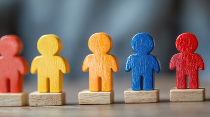 A row of colorful wooden figures on a wooden base, with a blurred background.