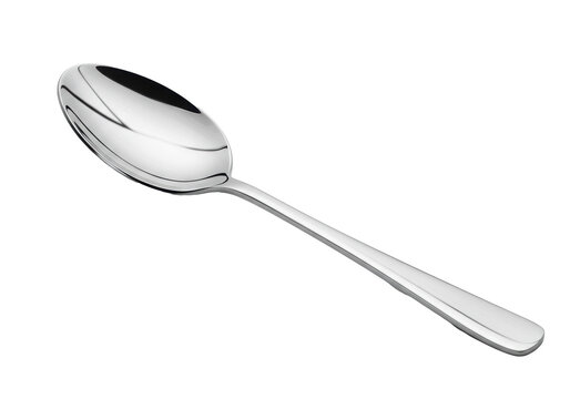 A modern minimalist tablespoon in mirror-polished stainless steel isolated on a white background with copy space. Concept of minimalist luxury and fine dining