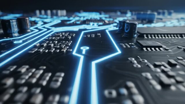 Circuit board with glowing blue lines