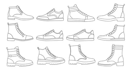 Fototapeta premium Neat collection of various men's footwear outlines including boots, sneakers, and formal shoes arranged in organized rows.