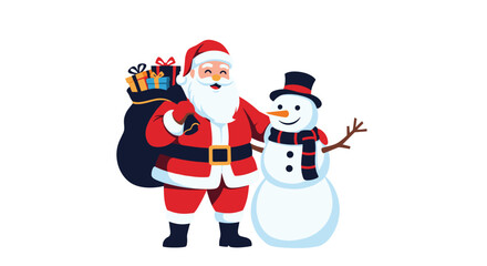 Cheerful Santa Claus with a sack of gifts stands next to a happy snowman wearing a top hat and scarf for the holidays.