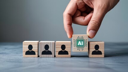 A hand selects a wooden block with an ai symbol differentiating it from a row of human silhouette blocks
