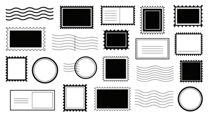 Set of blank postage stamp templates in various shapes and frames with wavy lines and dotted borders in black and white illustration for graphic design