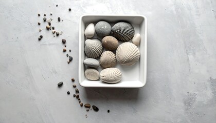 Zen Stones in a White Bowl on Grey Background.
