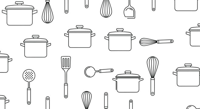 Seamless pattern featuring various kitchen utensils like pots, whisks, and spatulas in a clean black and white line art style.