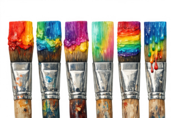 Paintbrushes holding vibrant rainbow colors of dripping paint, representing creativity, artistic expression, and hobby on transparent background