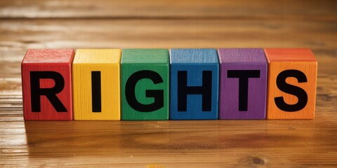 Colorful wooden blocks spell out the word rights on a textured wooden surface representing fundamental freedoms and entitlements