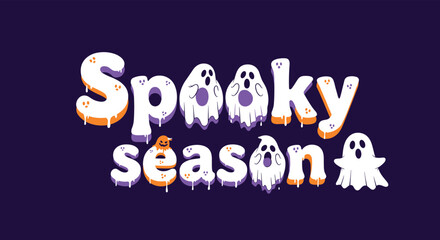 Spooky Season halloween typography with dripping white letters and cute cartoon ghosts floating around on a dark purple background.