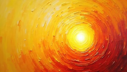 Abstract oil painting of a bright sun. Swirling vibrant yellow orange red colors emanate from the center. Artistic artwork visualizes energy light. Beautiful warm tone shades radiates sunlight.