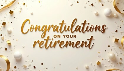 Elegant retirement greeting card design with golden glitter text. Message Congratulations on retirement on creamy white background. Festive gold ribbons, confetti, white pearls, sparkling decorative
