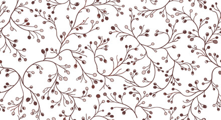 Elegant seamless pattern of delicate branches with small round berries in soft brown tones creating a natural and botanical background. © Jamal