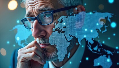 Mature man with glasses looks thoughtfully at glowing world map with data points overlay. Digital connection or global business strategy concept for big picture thinking.
