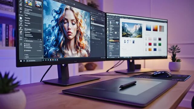 Creative Desktop Setup Dual Monitors, Digital Art, Graphic Design Workspace
