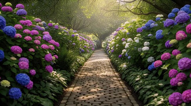 Vibrant flowers line garden pathway.
