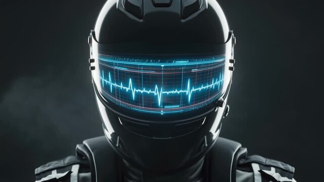 Futuristic 4K portrait Formula One racing driver reflective black helmet pure black background, glowing AI neural network wireframe human face visible inside visor, flowing data streams, speed vectors